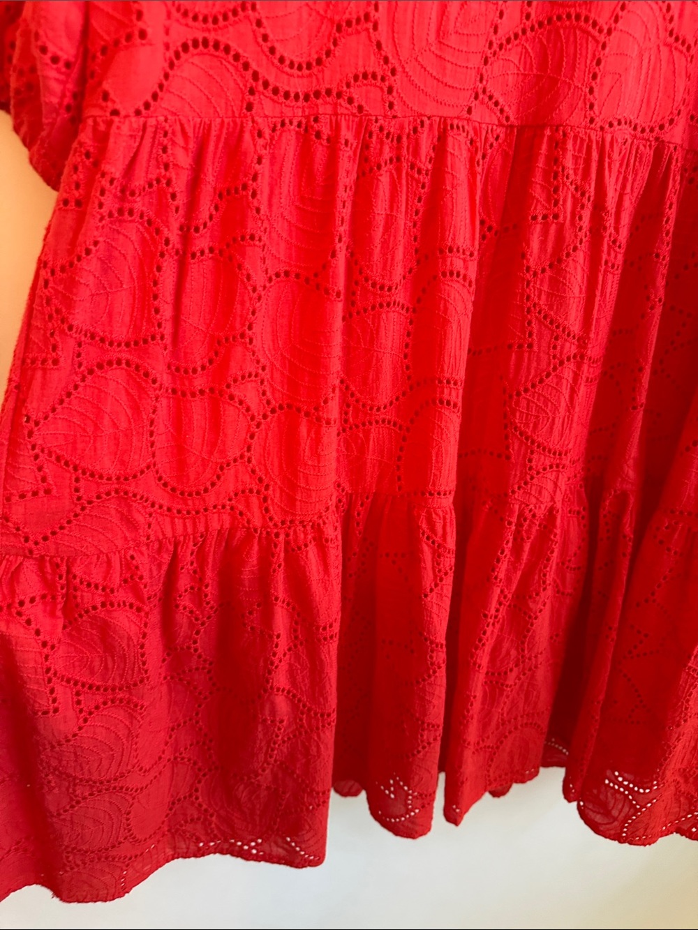 Foil Poppy Red Eyelet V-Neck Tiered Midi Dress - Picture 9 of 11